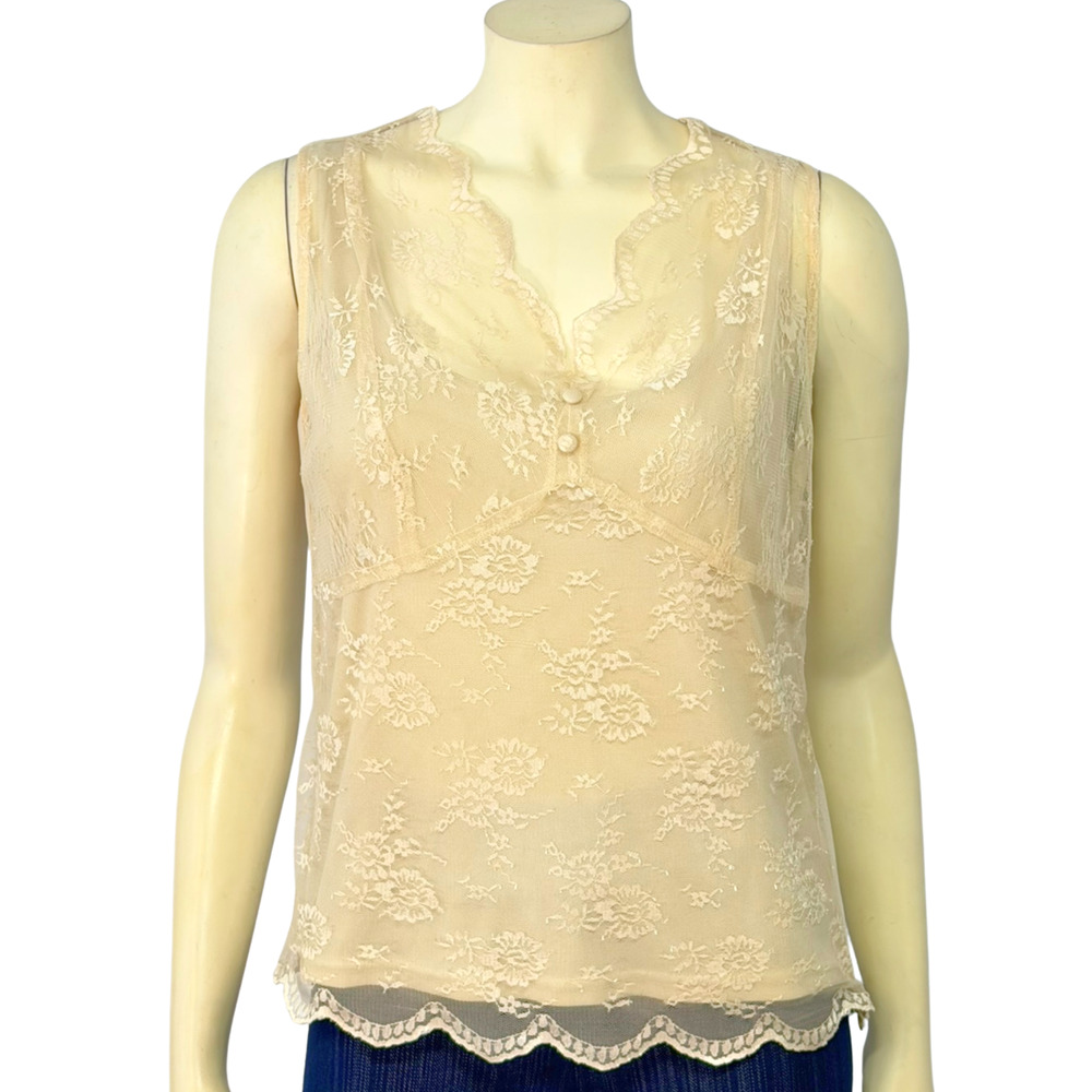 Perceptions NY Sz 8 Sleeveless Blouse Romantic Lace Overlay Beige Fairycore Boho